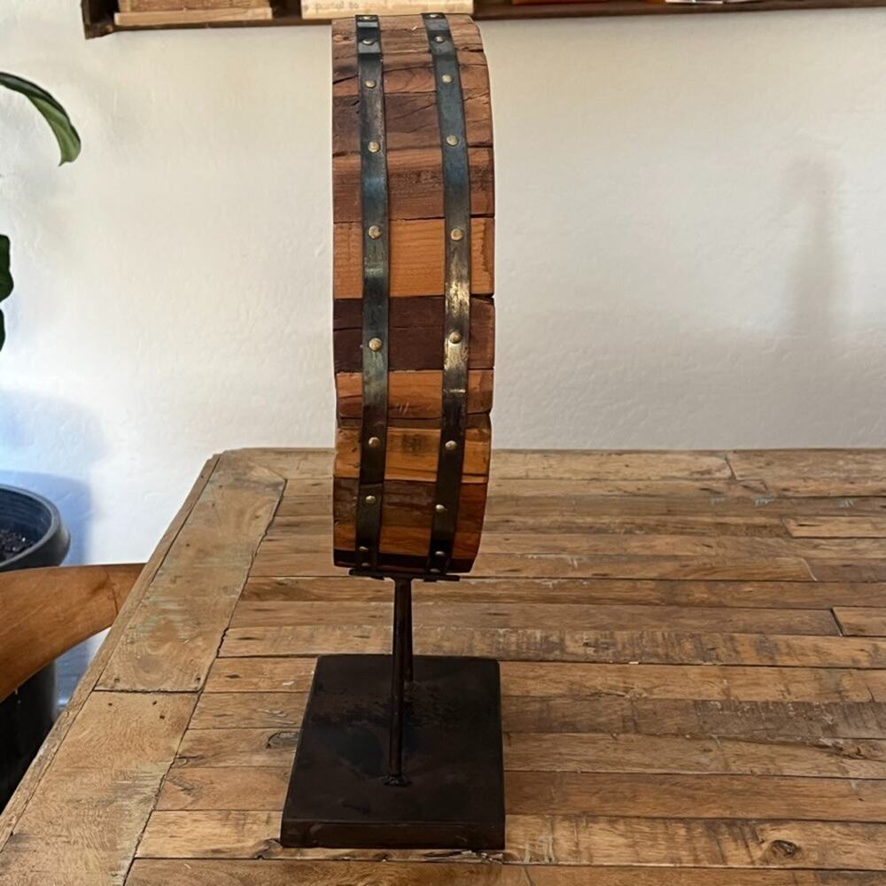 Individual Mosaic Wooden Blocks Wheel Sculpture On Base Stand 18" Tall - Picture 3 of 8